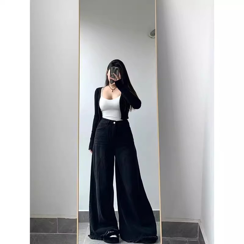 胖mm大码女装黑色毛边显瘦牛仔裤