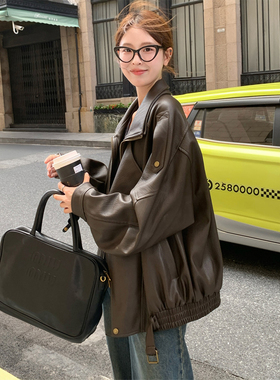 300斤特大码咖色高级感皮衣外套女胖mm美式设计感不对称夹克上衣