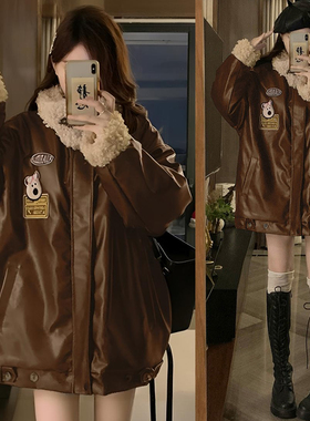 特大码胖mm宽松遮肉显瘦皮衣外套女冬季时尚百搭加厚保暖棉服上衣