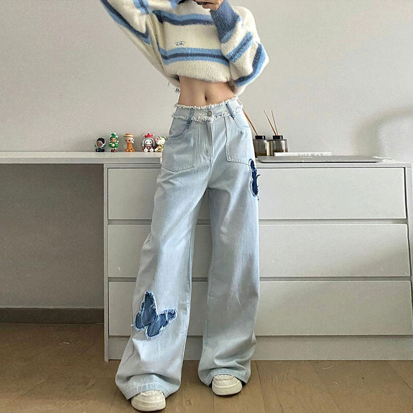 特大码胖mm韩系甜酷风蓝色毛边牛仔裤女2026新款蝴蝶刺绣直筒裤子,女装/女士精品,大码裤装,淘宝优惠券,粉丝福利购,淘宝优惠卷