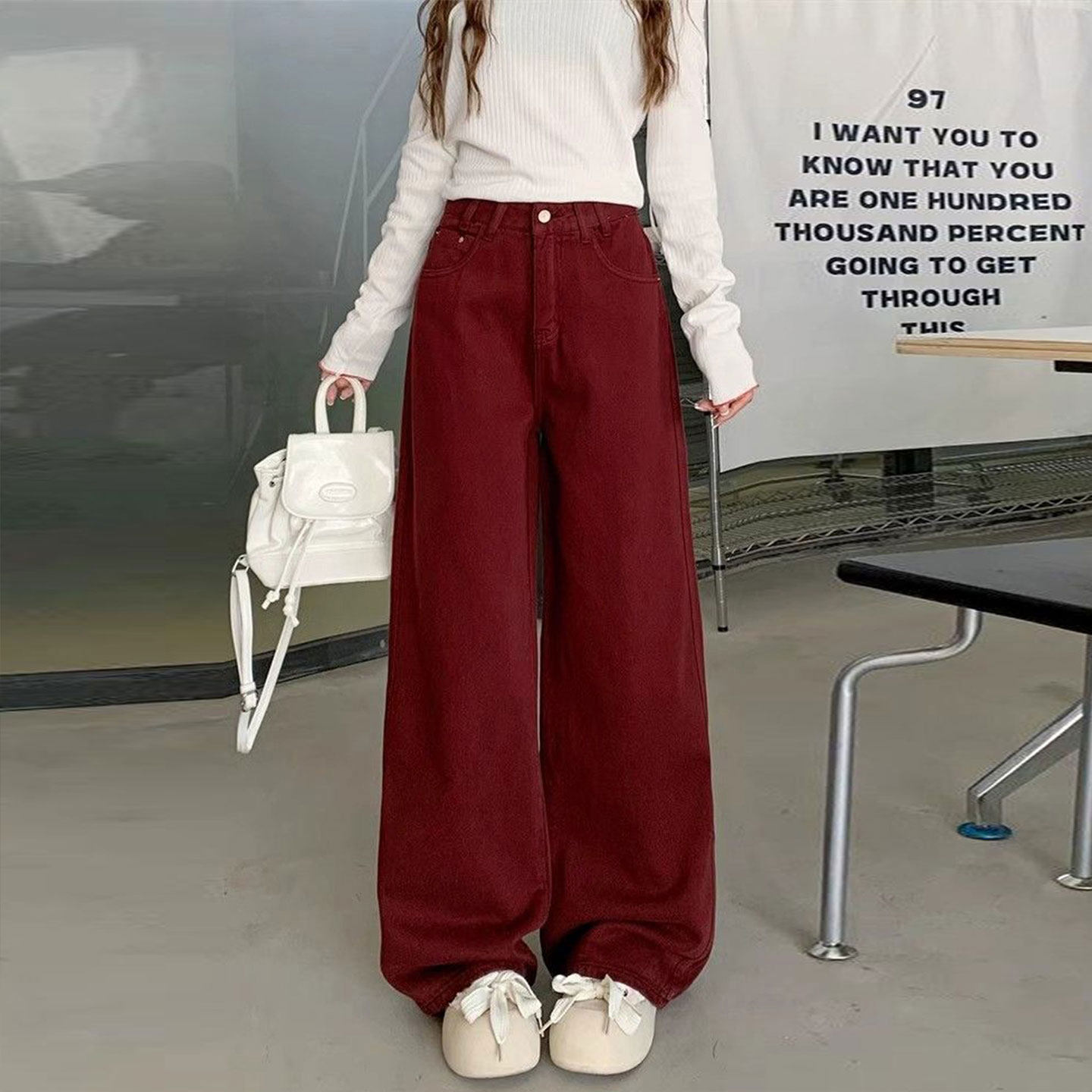 大码女装胖mm美式穿搭红色直筒牛仔裤女宽松遮胯显瘦慵懒风长裤子,女装/女士精品,大码裤装,淘宝优惠券,粉丝福利购,淘宝优惠卷