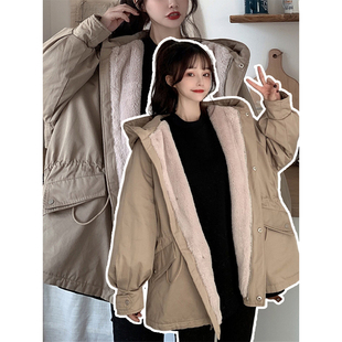 黑色加绒保暖连帽棉衣外套 学院风连帽棉服秋冬新款 300斤大码 女装