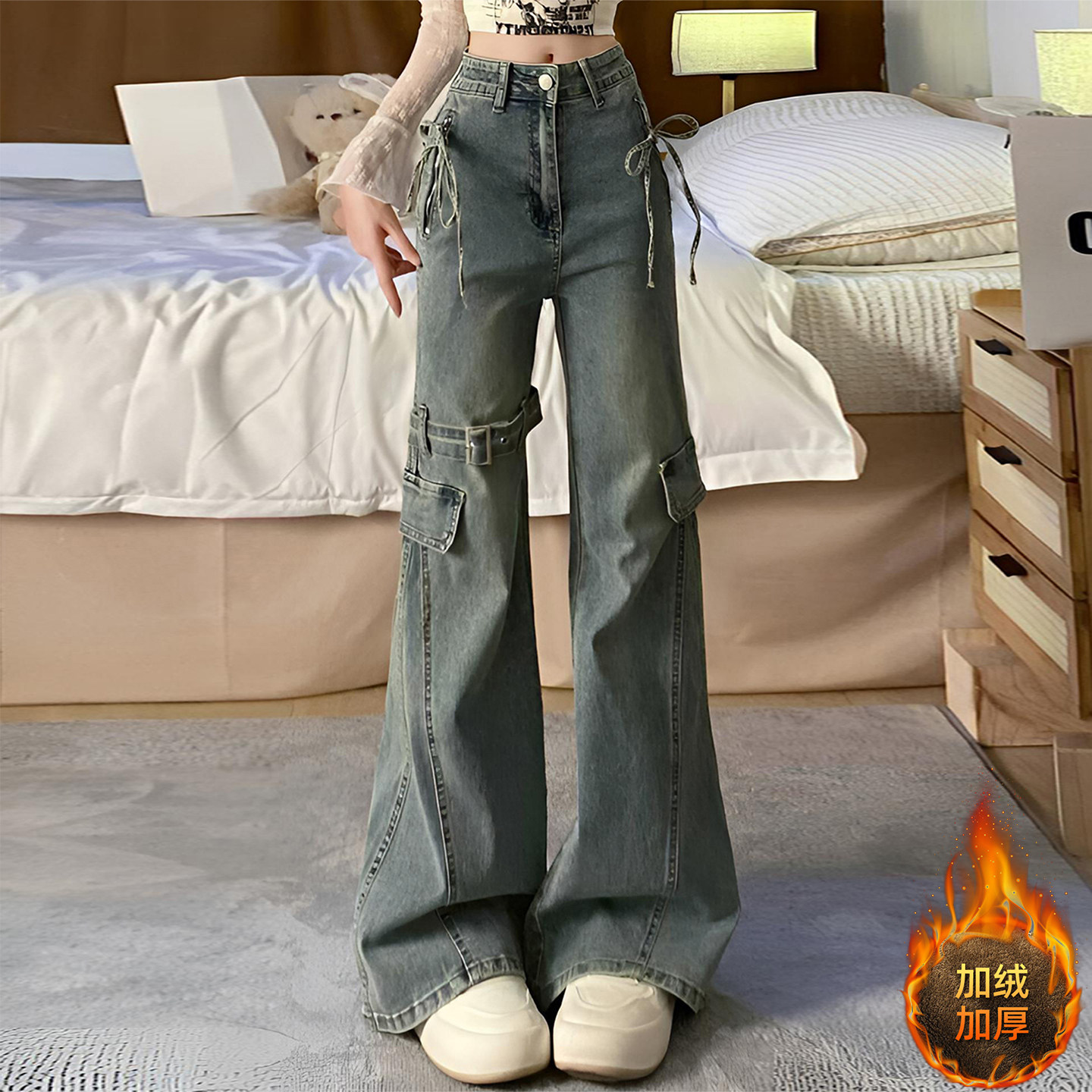 特大码女装学生蓝色加绒牛仔裤女胖mm弹力厚裤子显瘦辣妹风微喇裤,女装/女士精品,大码裤装,淘宝优惠券,粉丝福利购,淘宝优惠卷