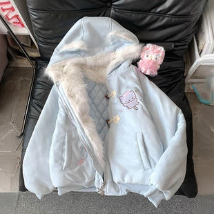 特大码 设计感卡通刺绣保暖棉服女胖mm韩系学院风加厚夹棉外套 女装