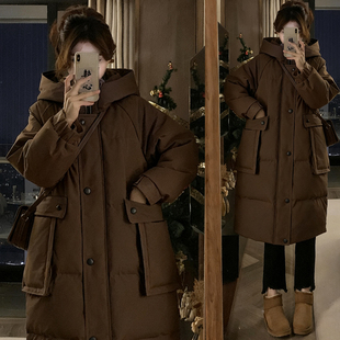 特大码 二棉棉服女胖mm加绒加厚慵懒风连帽外套 咖色宽松休闲中长款