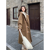 特大码 过膝连帽呢子大衣 长款 女装 胖mm美拉德牛角扣毛呢外套女冬季