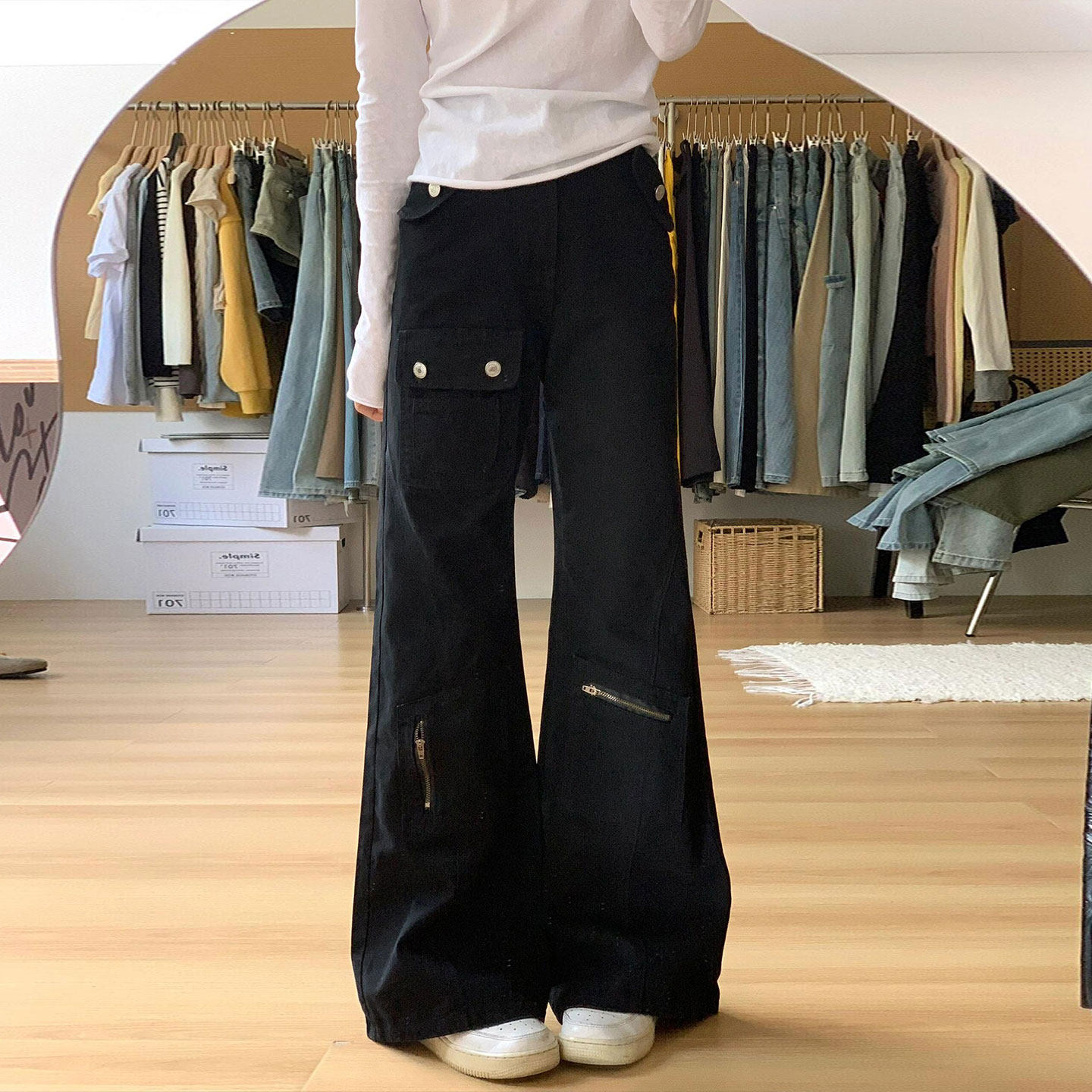 大码女装胖mm黑色高腰工装牛仔裤女小个子辣妹风休闲高街微喇裤子,女装/女士精品,大码裤装,淘宝优惠券,粉丝福利购,淘宝优惠卷