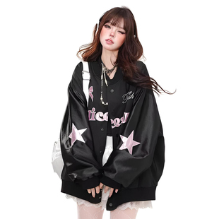 甜酷风字母刺绣棒球服外套 上衣女秋季 特大码 胖mm黑色遮肉显瘦开衫