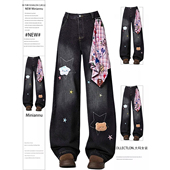 女胖mm小众减龄设计感卡通刺绣阔腿裤 300斤大码 黑色直筒牛仔裤 子