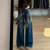 女装 穿搭高街直筒裤 蓝色格纹屁帘牛仔裤 美式 子 女2026新款 胖mm大码
