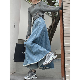 大摆裙子显瘦a字伞裙 新款 300斤大码 胖mm复古毛边牛仔半身裙女夏季