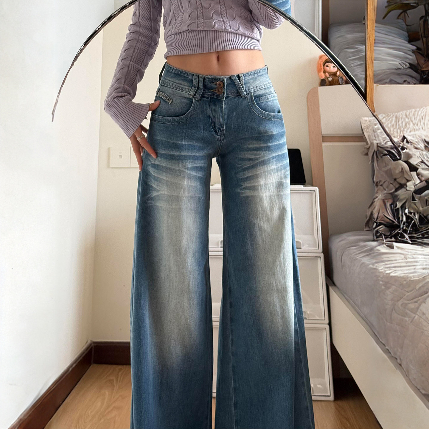 300斤大码女装美式高街蓝色牛仔裤女胖mm慵懒风宽松百搭阔腿裤子,女装/女士精品,大码裤装,淘宝优惠券,粉丝福利购,淘宝优惠卷