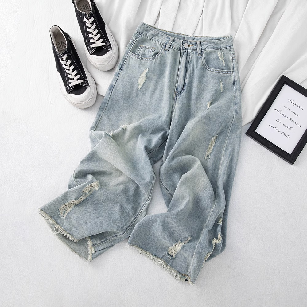 特大码高腰遮肉阔腿七分牛仔裤女