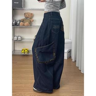 女装 弯刀女裤 美式 女胖mm豹纹设计感直筒长裤 街头阔腿牛仔裤 特大码