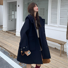 大码女装藏青色加厚保暖毛呢大衣女胖mm宽松显瘦中长款连帽外套