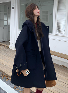 大码女装藏青色加厚保暖毛呢大衣女胖mm宽松显瘦中长款连帽外套