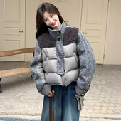 设计感羊羔毛拼接棉服女冬季 300斤大码 女装 胖mm灰色加厚夹棉外套