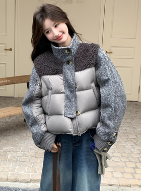 300斤大码女装设计感羊羔毛拼接棉服女冬季胖mm灰色加厚夹棉外套