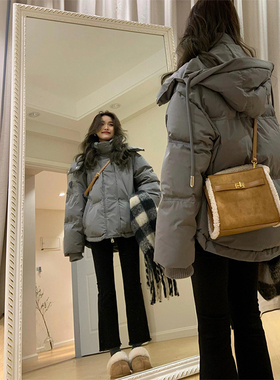 300斤大码胖mm美式灰色棉服女冬季新款加厚减龄学生连帽棉衣外套