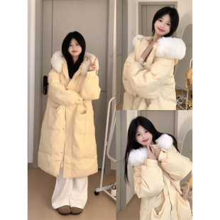300斤大码女装胖mm黄色大毛领棉服女韩系冬季加厚中长款保暖外套