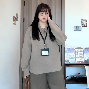 t恤女胖mm遮肉显瘦高级感绑带设计上衣潮 慵懒风长袖 300斤大码 女装