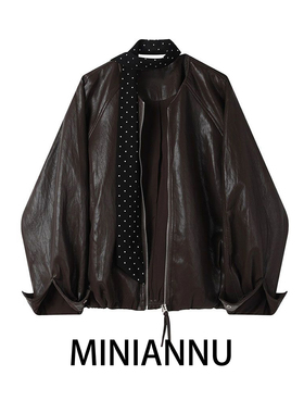 300斤大码女装美式高街皮衣外套女胖mm韩系高级感咖色机车服上衣