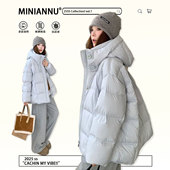 大码 气质连帽保暖棉服潮 时尚 女装 胖mm韩系浅蓝色厚外套女2025新款