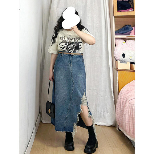 特大码设计感ins开叉显瘦毛边裙