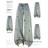 特大码 女胖mm设计感显瘦直筒长裤 女装 复古加绒刺绣狗狗阔腿牛仔裤