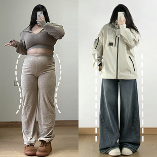 女胖mm梨型身材不贴腿遮肉显瘦阔腿裤 蓝色高腰牛仔裤 子 女装 特大码