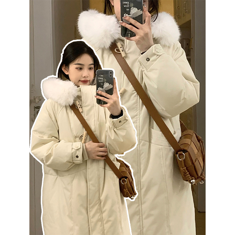 大码女装白色长款过膝棉服女胖mm韩版独特超好看加厚保暖棉袄外套