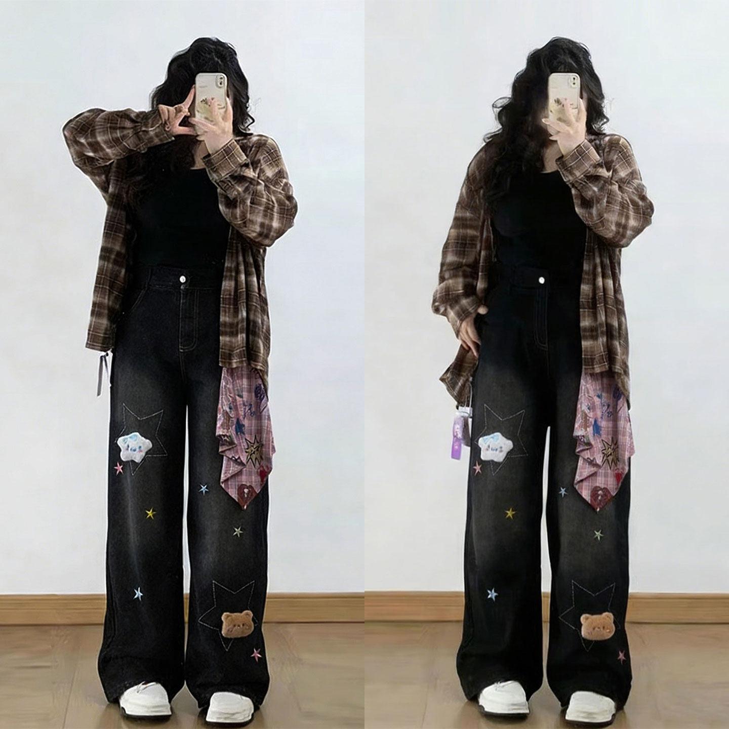 特大码胖mm美式卡通刺绣黑色牛仔裤女不贴腿遮胯显瘦垂感直筒裤子,女装/女士精品,大码裤装,淘宝优惠券,粉丝福利购,淘宝优惠卷