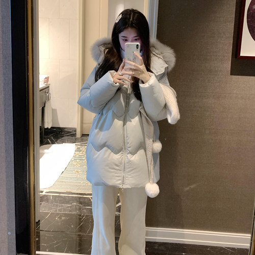 特大码女装浅蓝色毛领百搭棉衣女