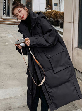 特大码胖mm黑色加厚保暖连帽棉服女冬季宽松高级感过膝派克服外套