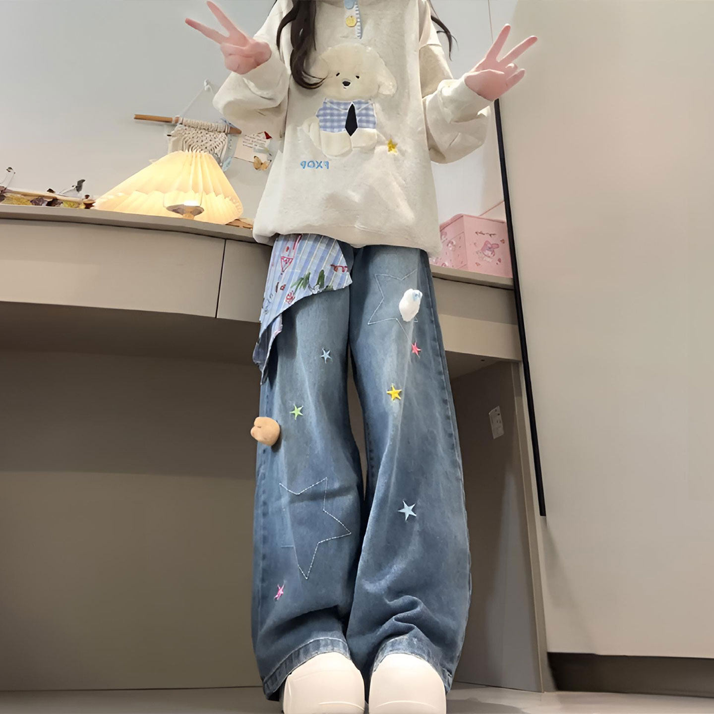 大码女装美式穿搭星星刺绣牛仔裤女春季胖mm高腰显瘦垂感直筒裤子,女装/女士精品,大码裤装,淘宝优惠券,粉丝福利购,淘宝优惠卷