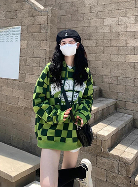 300斤大码胖mm绿色棋盘格连帽卫衣女秋季学院风外套宽松百搭上衣