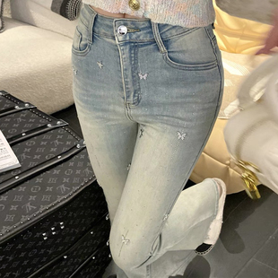 子 女胖mm蓝色简约百搭微喇裤 特大码 韩系蝴蝶烫钻小众辣妹风牛仔裤