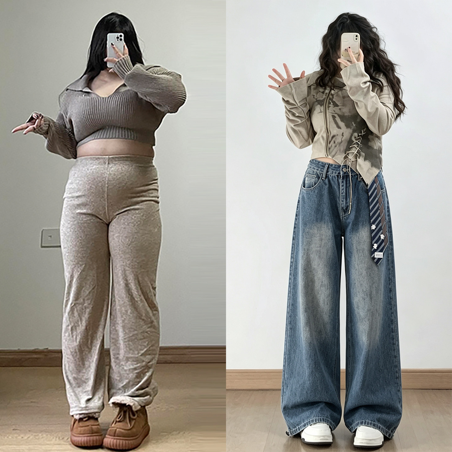 特大码女装松弛感穿搭蓝色阔腿牛仔裤女秋季胖mm领带拼接遮胯裤子