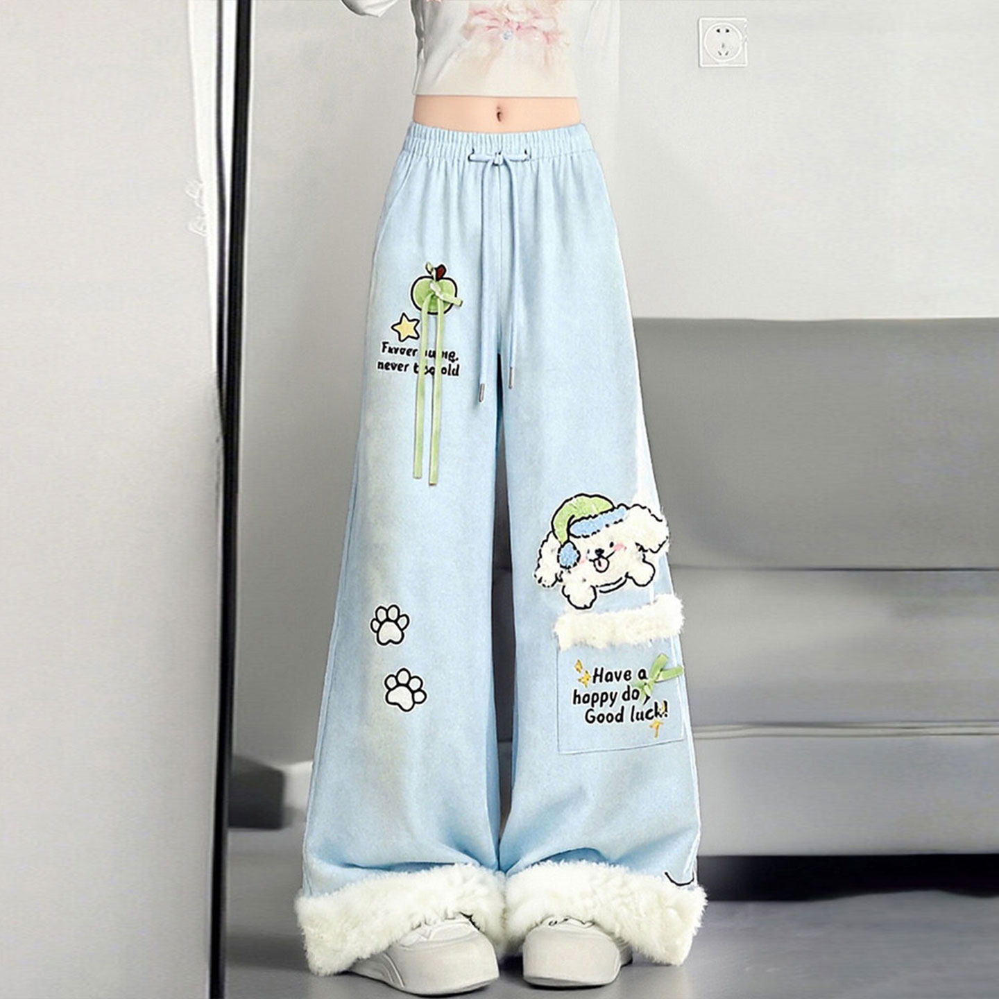 大码女装学院风蓝色卡通印花休闲卫裤女胖mm高腰显瘦毛边阔腿裤子,女装/女士精品,大码裤装,淘宝优惠券,粉丝福利购,淘宝优惠卷