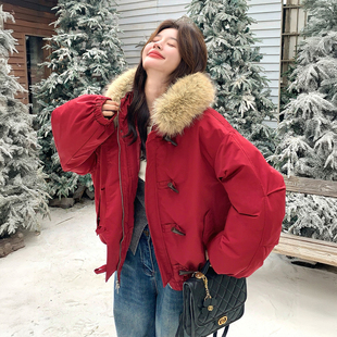胖mm美式 高级感红色保暖厚外套女新款 小众ins牛角扣棉服 女装 大码