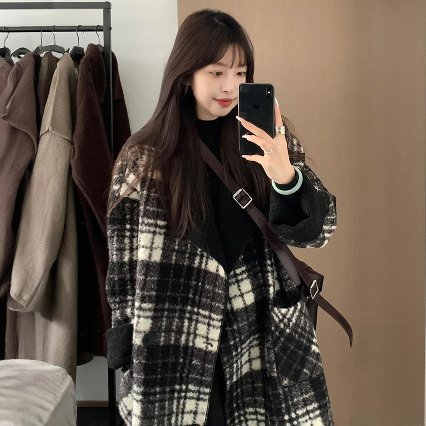 胖mm特大码黑白格子拼接毛呢外套女韩系慵懒风百搭显瘦中长款大衣