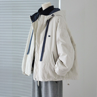 加厚保暖巨显瘦派克服 胖mm米白色撞色连帽棉服外套女冬季 大码 女装