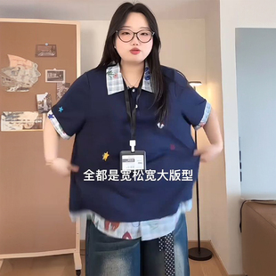 胖mm深蓝色格子拼接翻领短袖 特大码 t恤女学生简约百搭假两件上衣
