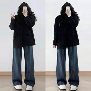 女胖mm宽松百搭设计感阔腿裤 蓝色遮肉显瘦牛仔裤 子 女装 300斤大码