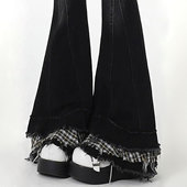 女复古辣妹格纹拼接设计毛边喇叭裤 胖mm大码 学生高腰显瘦牛仔裤 子