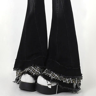 子 女复古辣妹格纹拼接设计毛边喇叭裤 胖mm大码 学生高腰显瘦牛仔裤