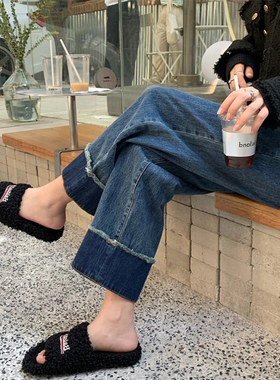 300斤大码女装梨形身材复古牛仔裤女深蓝色宽松显瘦卷边直筒裤子