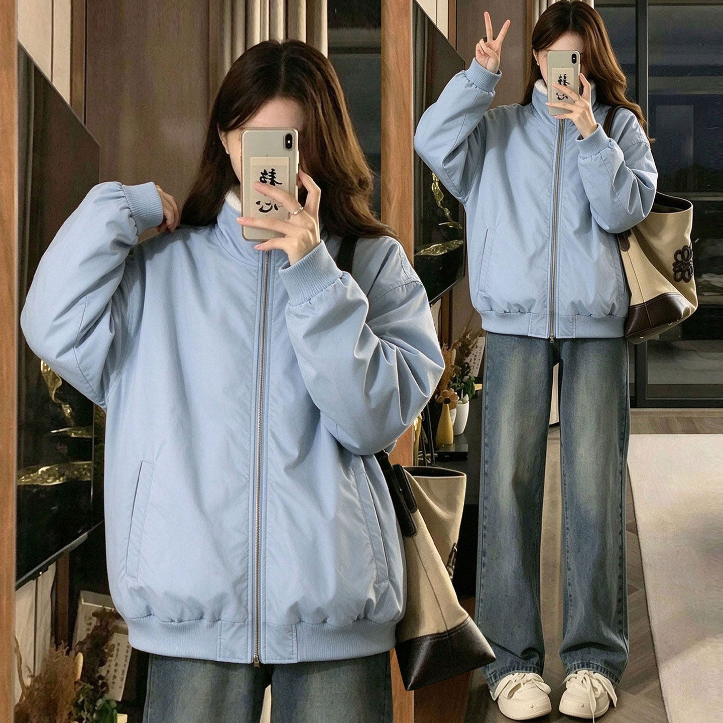 大码女装慵懒风显瘦蓝色加厚棉服女秋冬胖mm宽松遮肉保暖立领外套