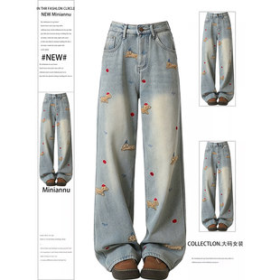 子 女梨型身材显瘦不贴腿直筒裤 300斤大码 胖mm蓝色小狗刺绣牛仔裤