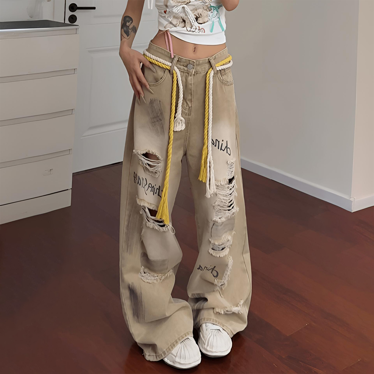 大码女装宽松做旧水洗阔腿裤子女